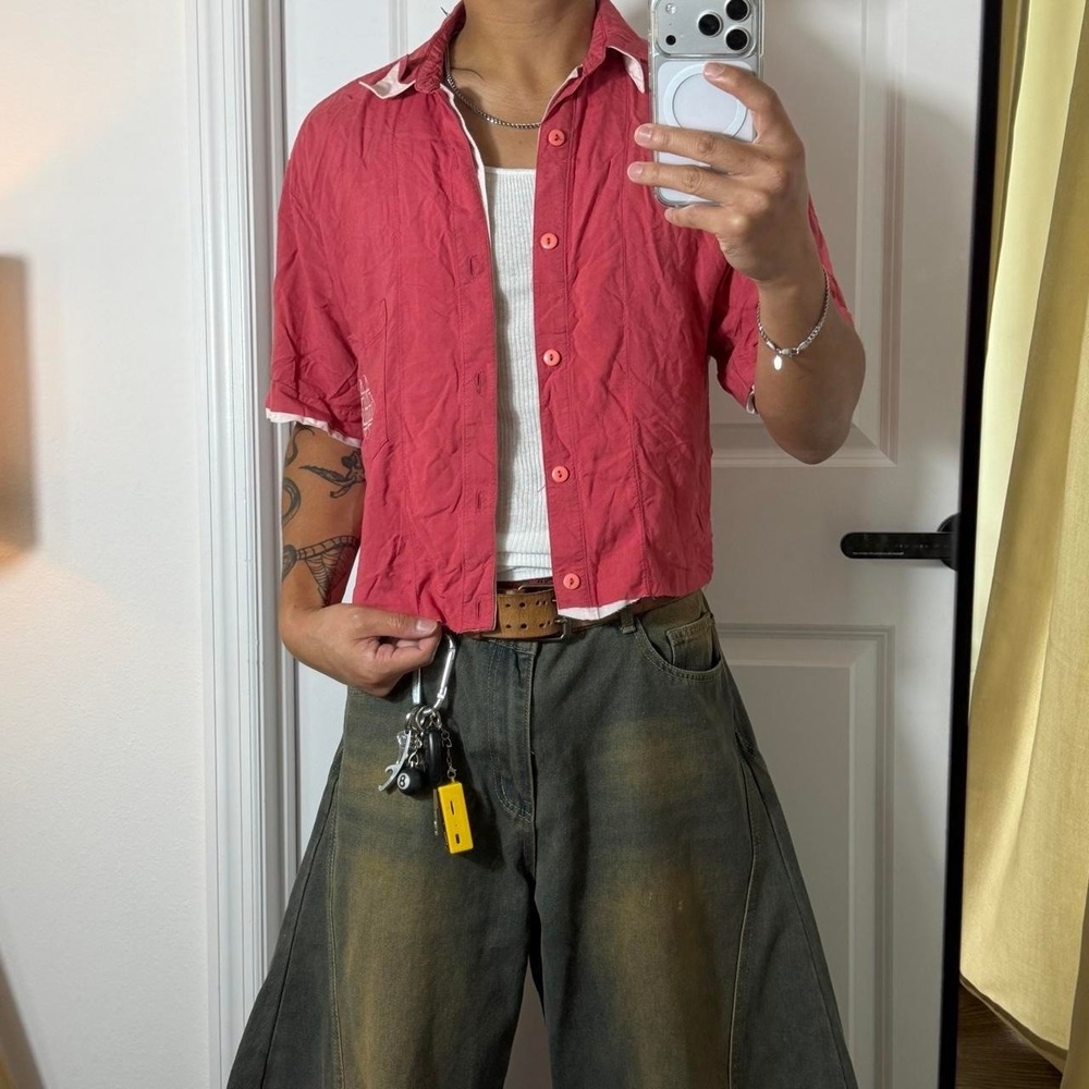 y2k picnic vintage cropped button up plaid shirt PL03